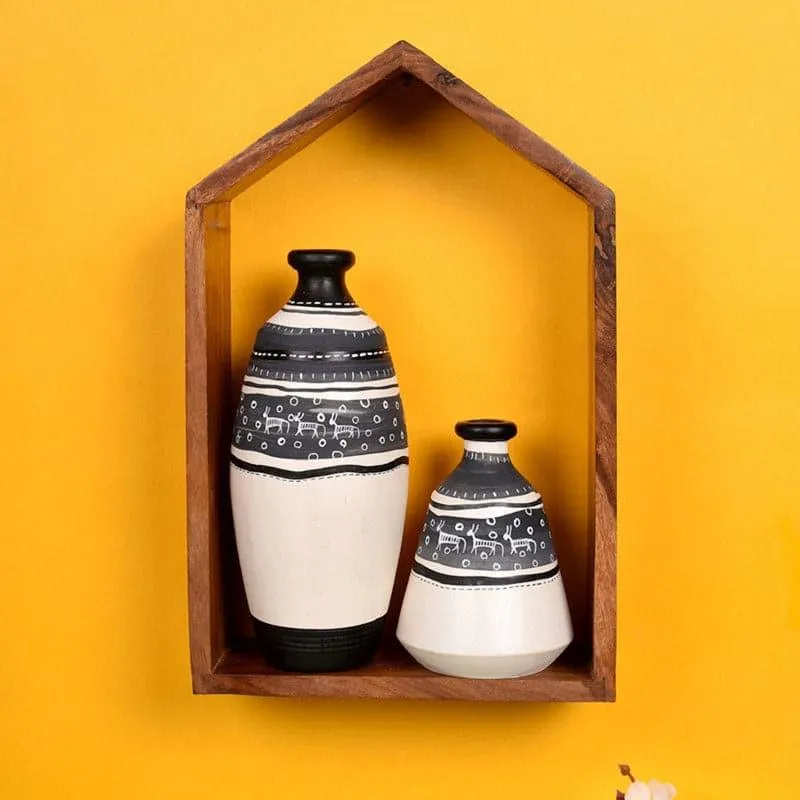 Ranvita Wooden Wall Shelf With Ceramic Pots - Set Of Thee media 1