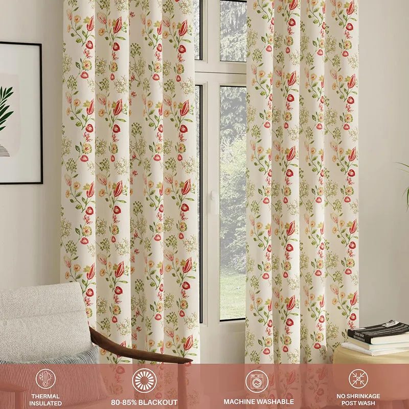 Red and ivory floral gulmohar curtain set of two eyelet header detail