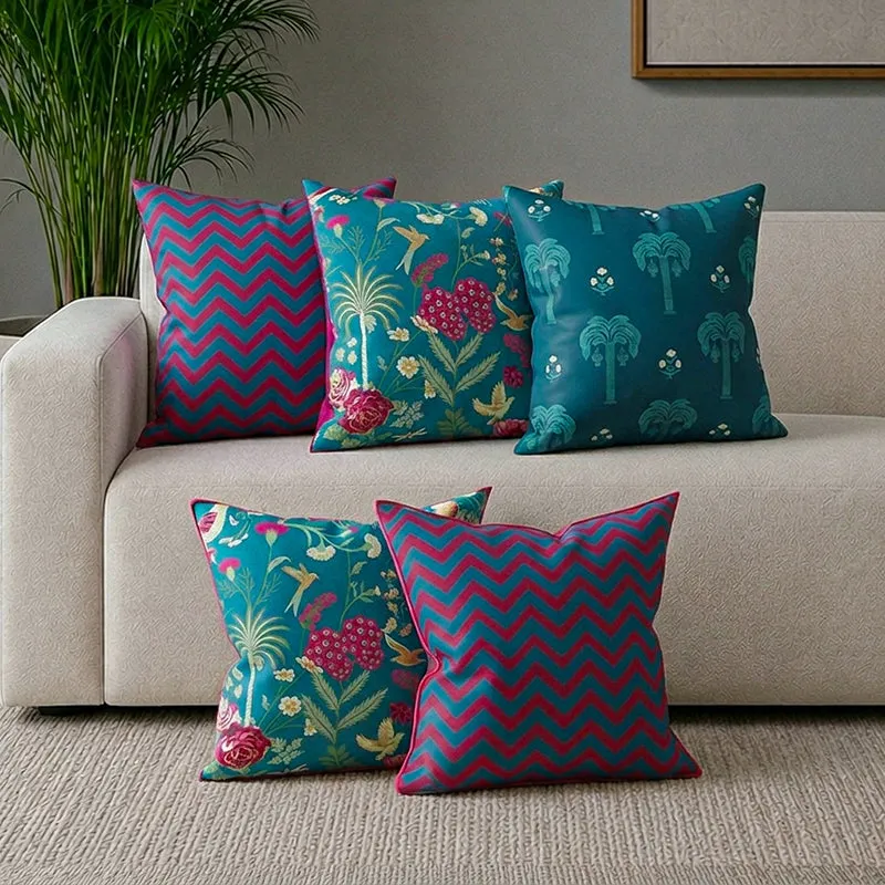 Tropical Chevron Printed Satin Cushion Cover - Set Of Five - 1