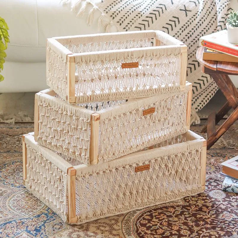 Boho Max Handcrafted Macrame (Wood,Cotton) Storage Basket - Set Of Three media 1