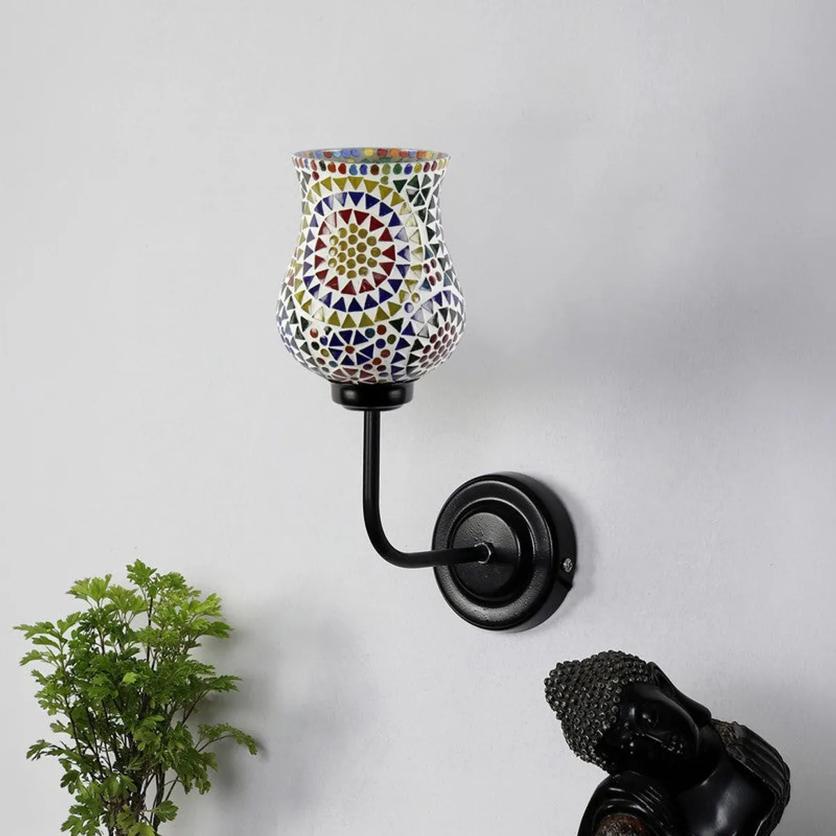 Multicolour mosaic glass wall lamp with black iron arm and round wall plate