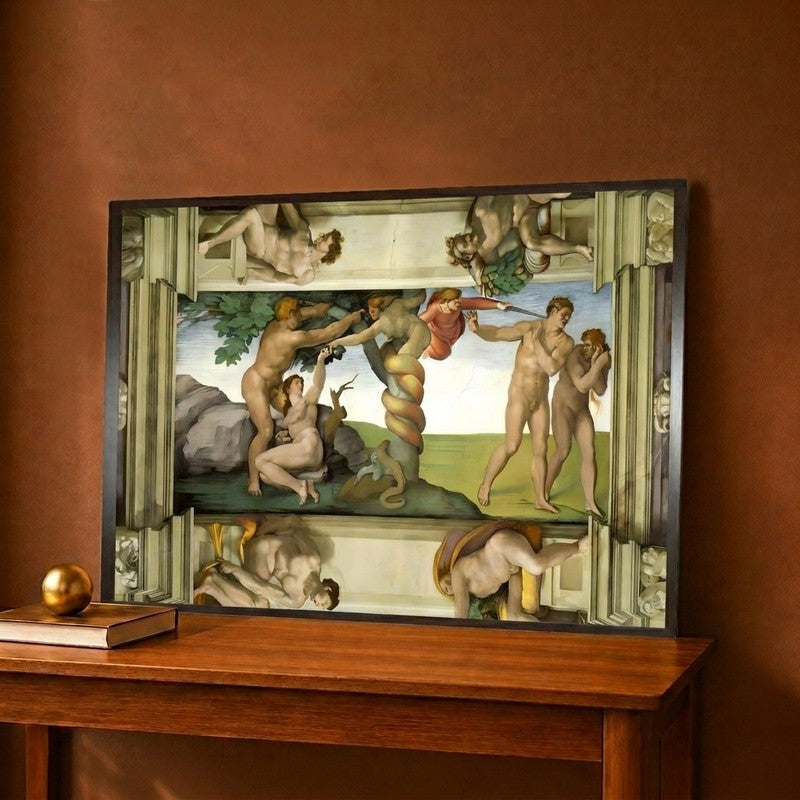 The Fall of Man & Expulsion from the Garden of Eden with 4 Ignudi Canvas Wall Painting - 18 x 12 Inches