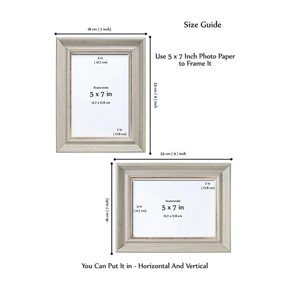 Frame size guide showing horizontal and vertical display orientations