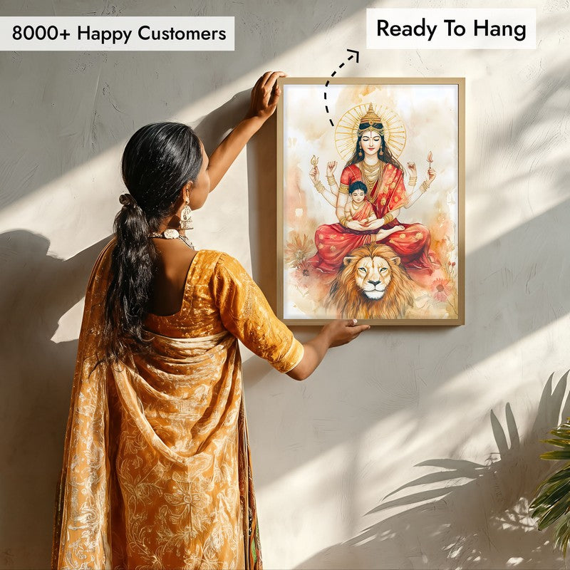 Simhavahini Durga Spiritual Archival Paper Wall Painting - Natural Brown Frame media 7