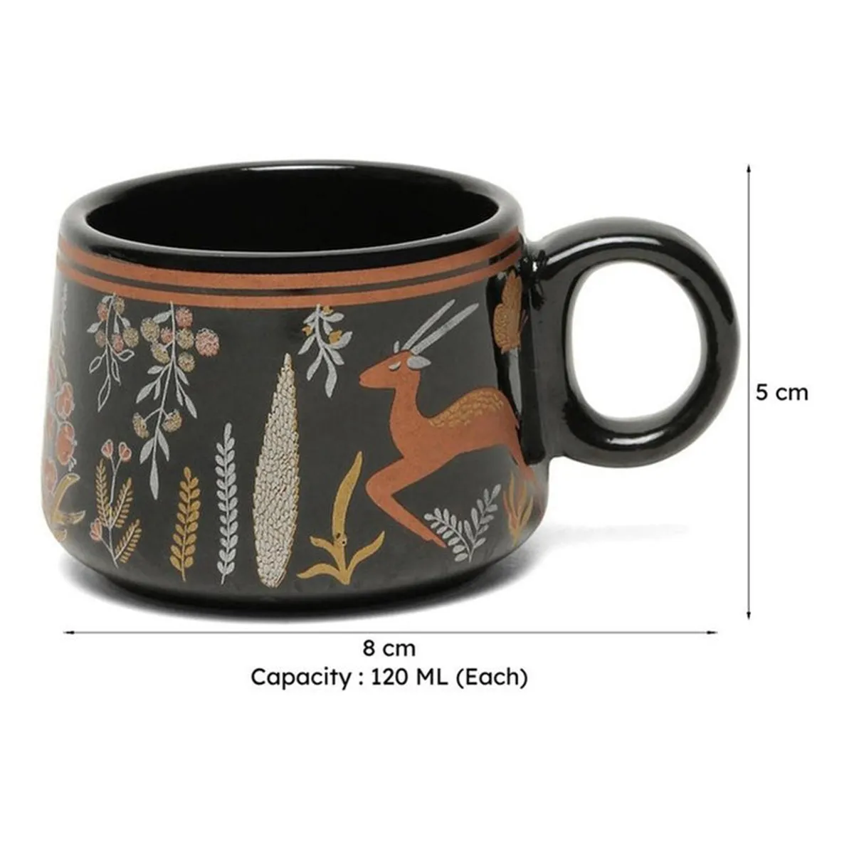 Black ceramic tea cup shown with visible length, height and capacity markings