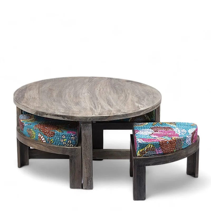 Jervon Sheesham Wooden Center Table with Stools and Cushions (Grey,Green) - Nine Piece Set media 4