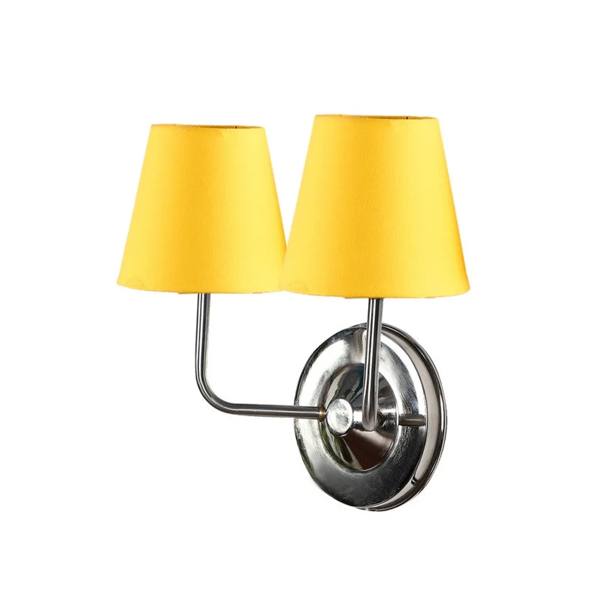 Angled view of yellow shade wall lamp with polished steel wall mount