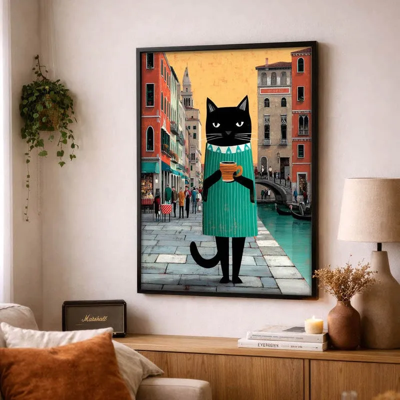 Venice Brew Cat Wall Painting With Frame media 4