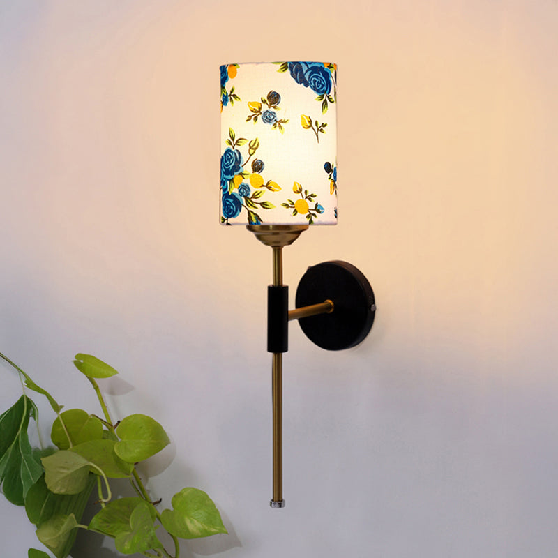 Beryll Printed Cylindrical Steel & Cotton Wall Lamp - Blue