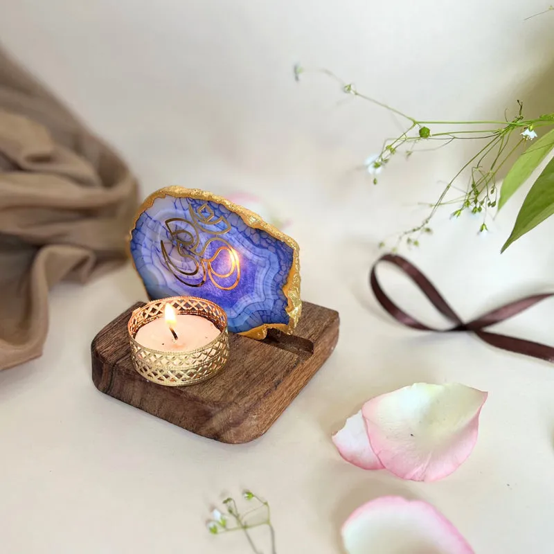 Namokar Handcrafted Agate Religious Accent With Tealight Candle Holder - Blue media 3