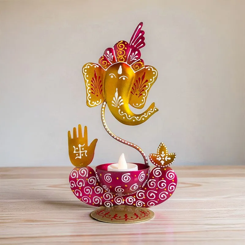 Ganesha Handpainted Tea Light Candle Holder - White media 5