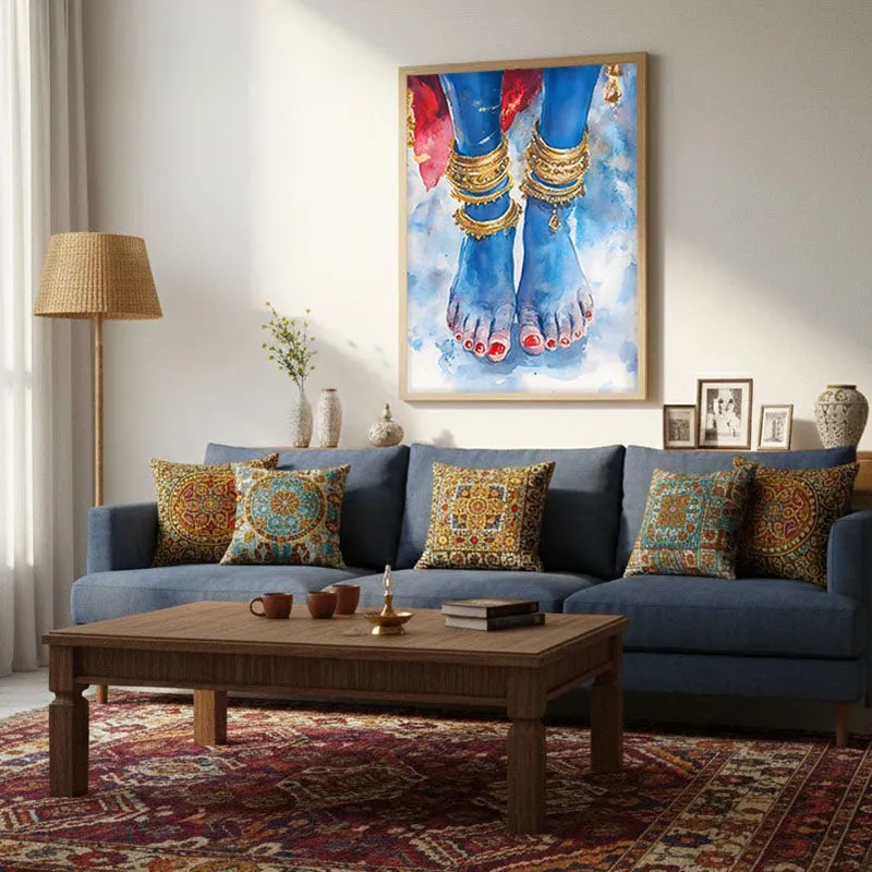 Blue Lotus Feet Spiritual Archival Paper Wall Painting - Natural Brown Frame media 5