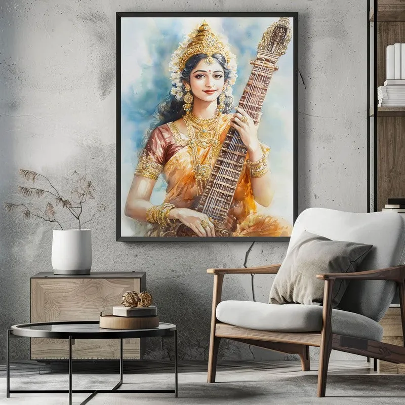 Veena Of Knowledge Spiritual Archival Paper Wall Painting With Frame - Black media 3