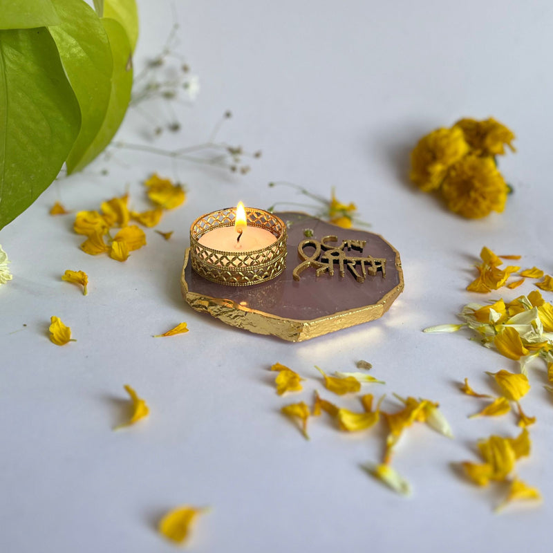 Jai Sri Ram Handcrafted Agate Tealight Candle Holder - Rose Quartz