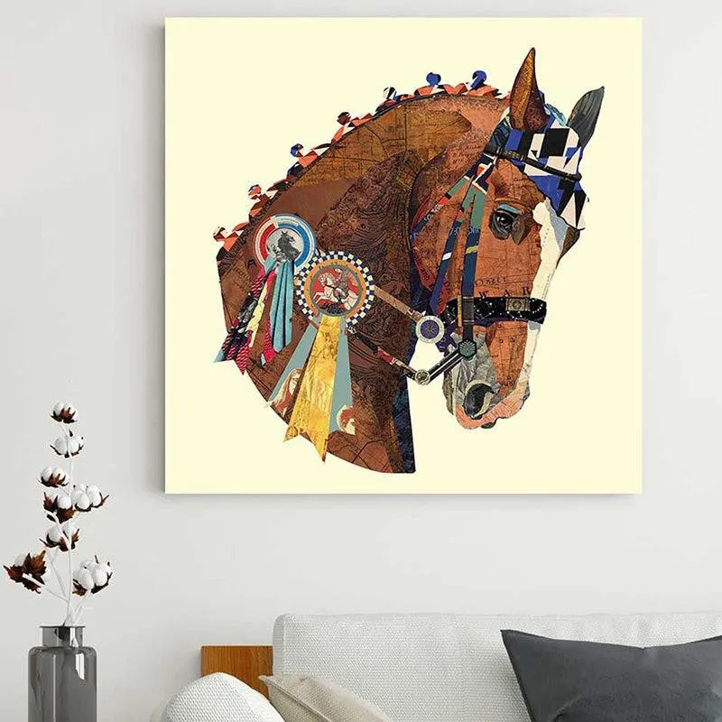 Horse head canvas art hung above a sofa with a cotton stem vase nearby.