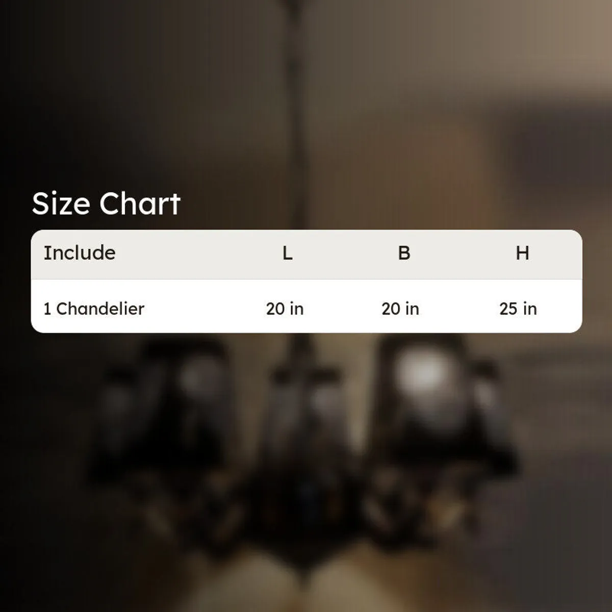 Blurred chandelier background with a white size table overlay