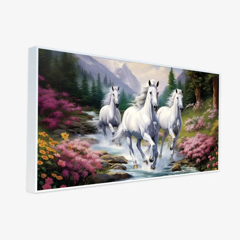 Stallions In A Glade Canvas Wall Painting With Frame - White media 4