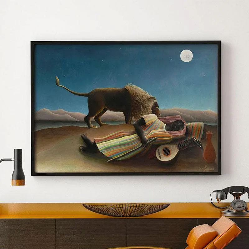 The Sleeping Gypsy Canvas Painting By Henri Rousseau - Black Frame media 1