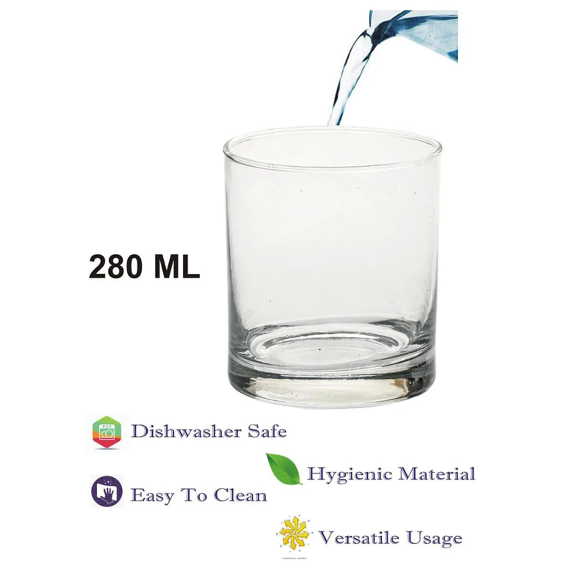 Clear glass tumbler being filled with water on a white background