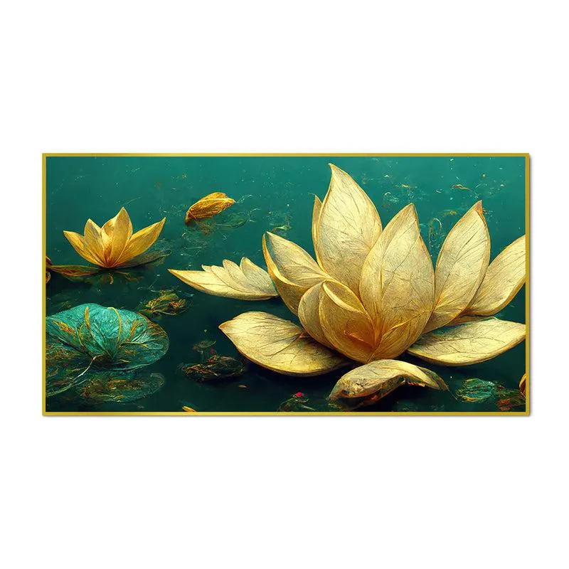 Gilded Ivory Lotus Floral Canvas Wall Painting With Frame - Gold media 6