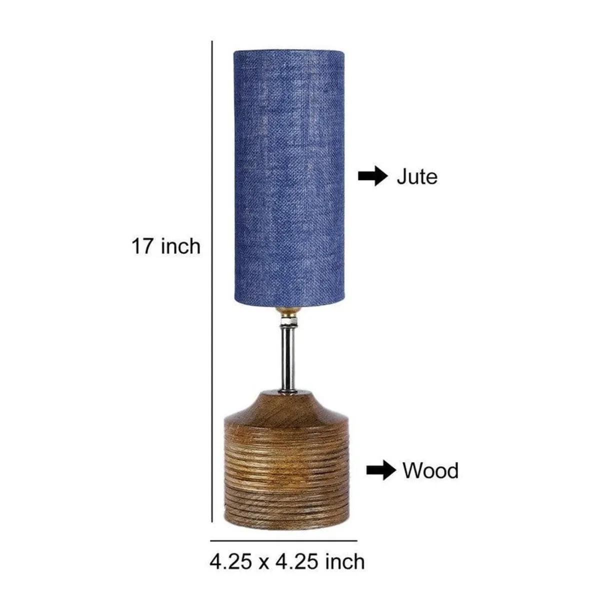 Blue table lamp with brown base shown with size markings