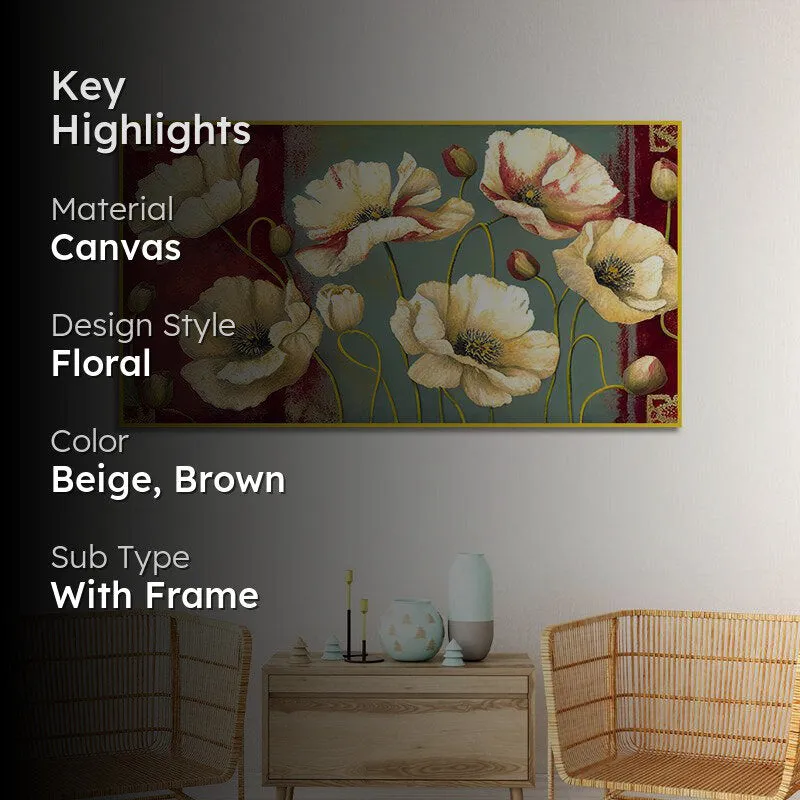 Crimson & Ivory Poppies Floral Canvas Wall Painting With Frame - Gold media 2