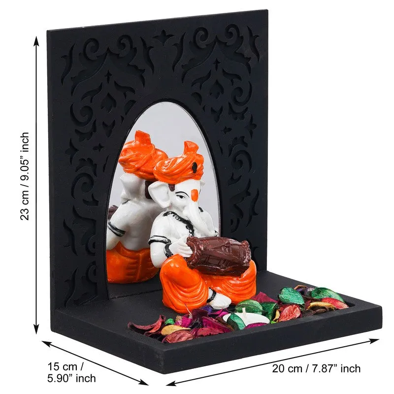 Angled product view of musical Ganesha tea light holder with visible dimensions