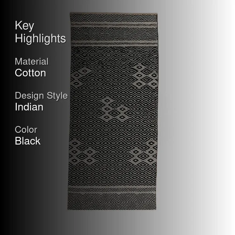 Black runner rug with diamond pattern on a highlights graphic