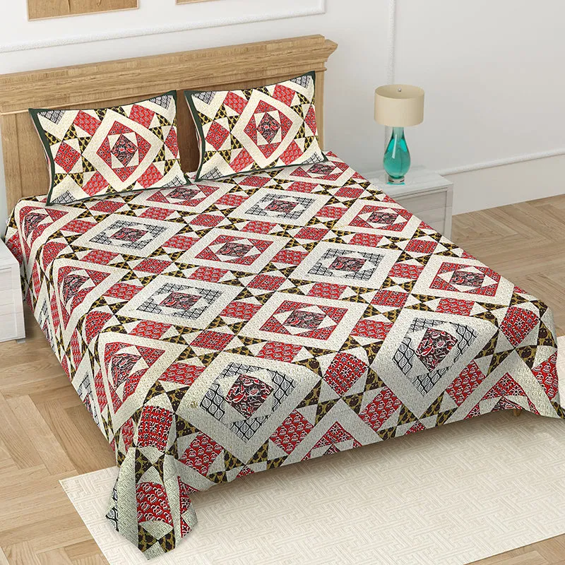 Adire Geometric Cotton Bedsheet (Red) - 160 TC media 1