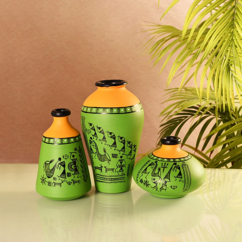 Verdora Green Handpainted Ceramic Vase - Set Of Three