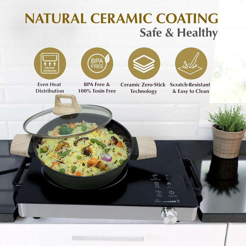 Solara Brewora Ceramic Round Kadhai With Lid (Black) - 2200 mL media 9