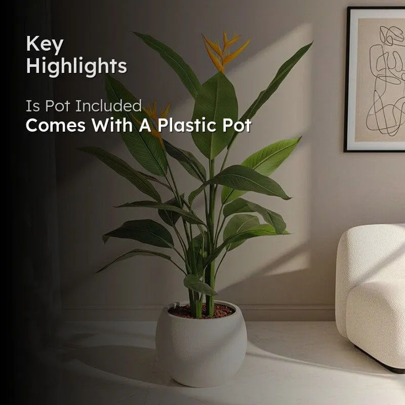 Artificial plant in a decorative room setting with a pot detail callout