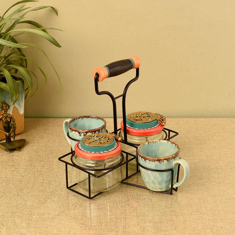 Virasat Ceramic Jar Set With Metal Tray - Five Piece Set