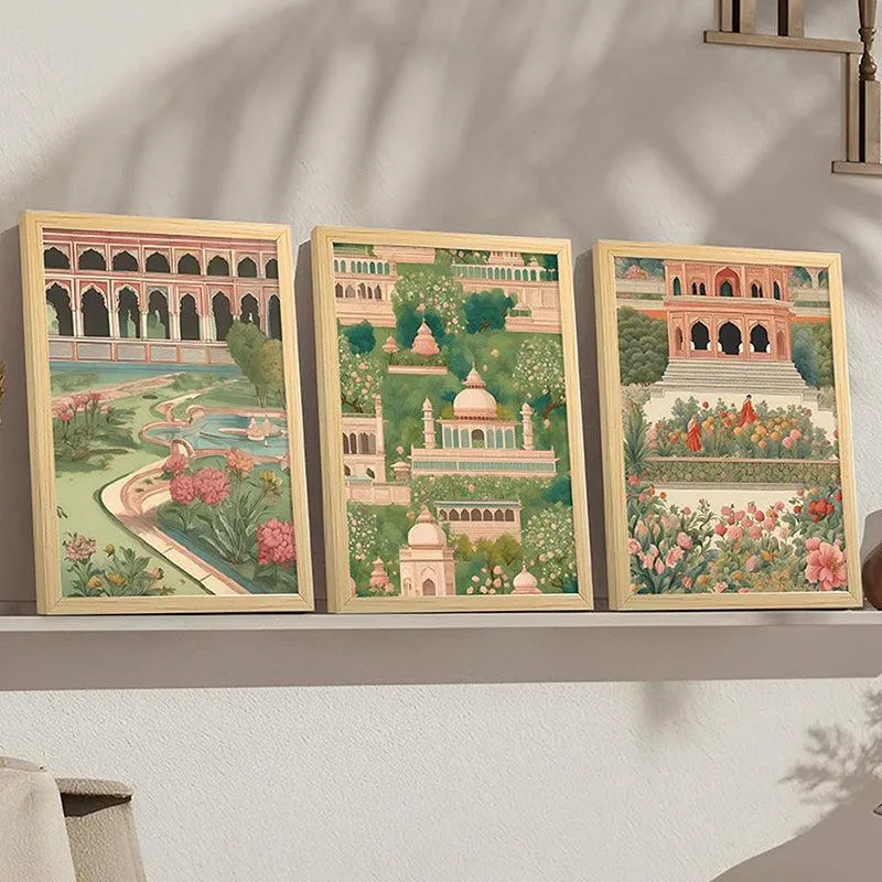 Gulshan-E-Mahal Mughal Paper Wall Art With Frame (Green) - Set Of Three media 1