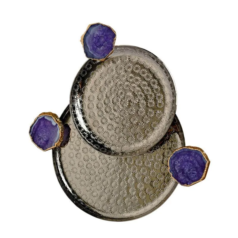 Samitha (Aluminum,Agate) Platter With Agate Decoration (Purple & Silver) - Set of Two media 4