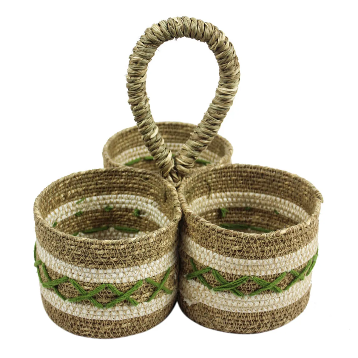 Front view of a multicolour three-compartment storage basket with handle