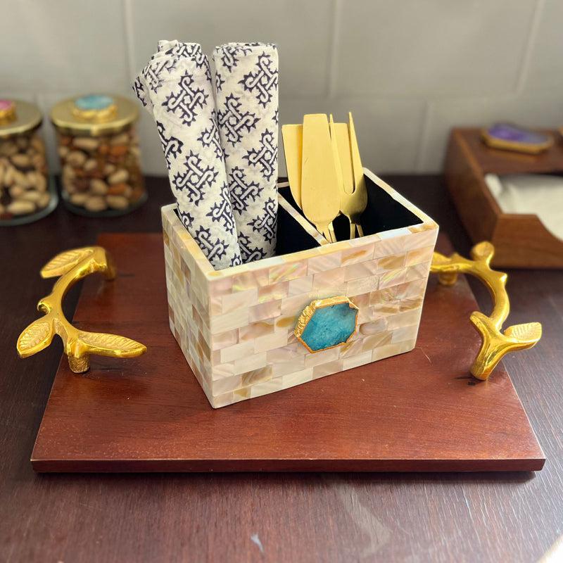 Suzzaine Handcrafted Mother Of Pearl & Agate Cutlery Holder - Blue & Beige media 3