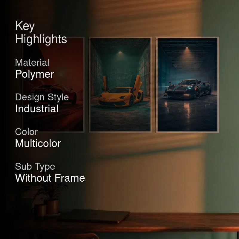 Set of three car posters displayed on a wall with dark overlay text