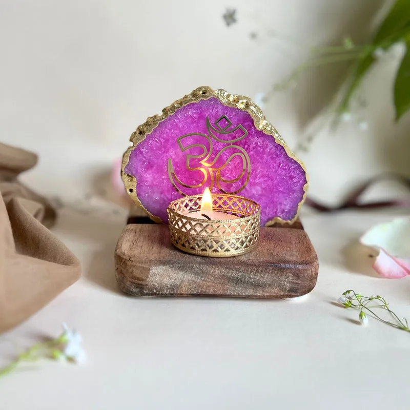 Om Handcrafted Agate Religious Accent With Tealight Candle Holder - Pink media 4