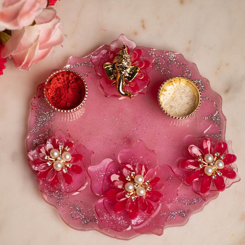 Pink Ganesha Floral Resin Pooja Thali media 4