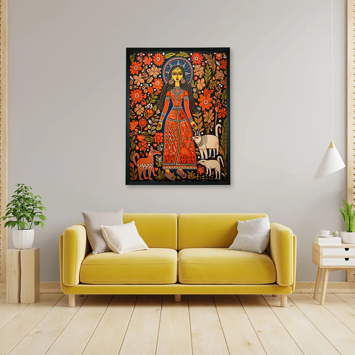 Colourful feminine tribal wall art displayed above a yellow sofa