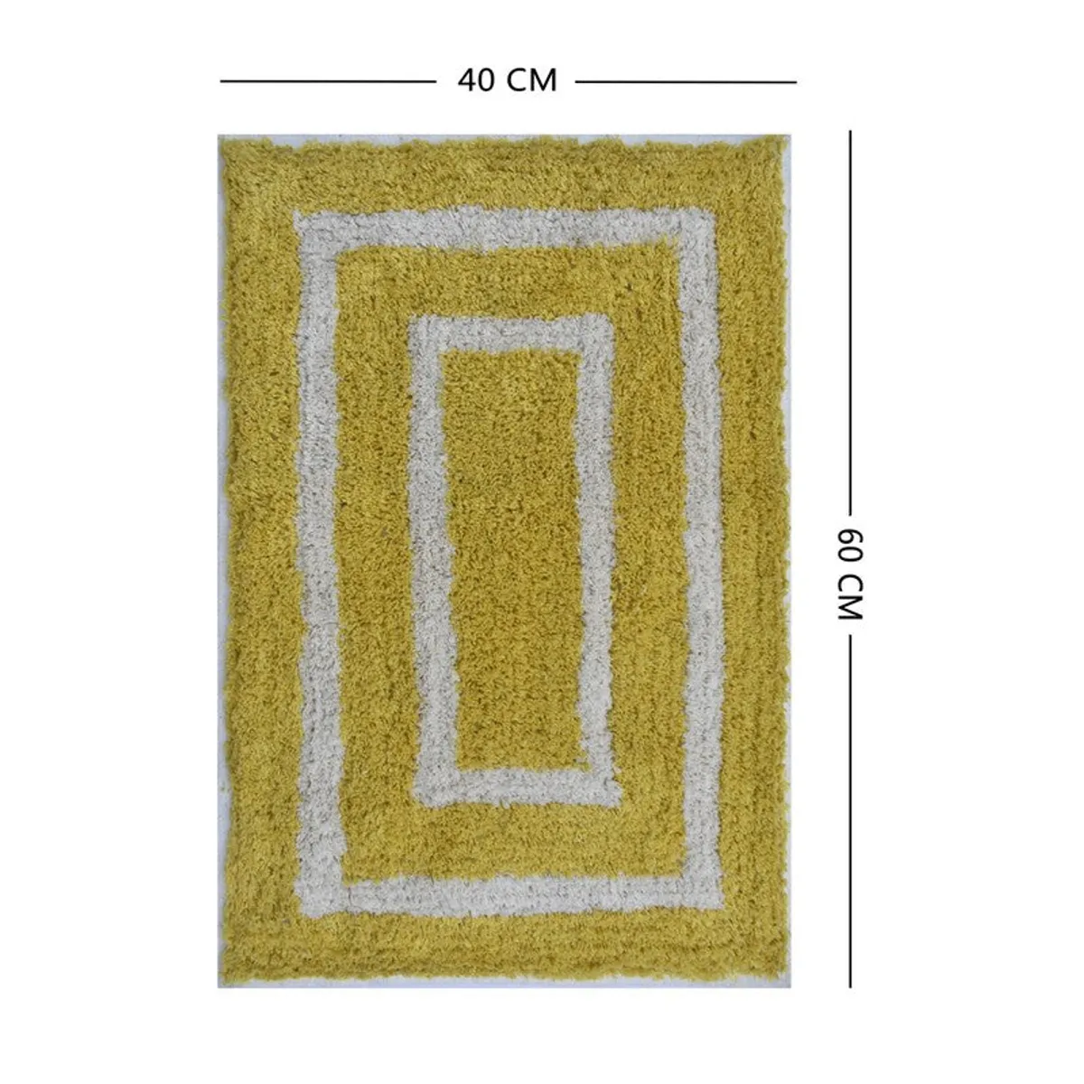 Top view of the rectangular yellow and white geometric bath mat with dimensions shown