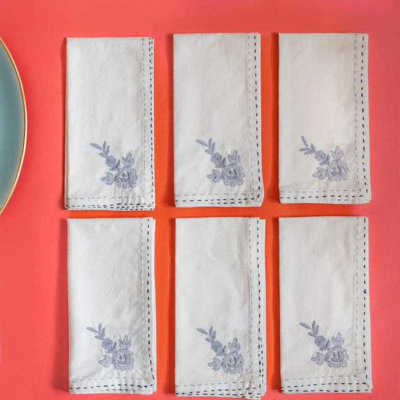 Threaded Blossom Embroidered Cotton Table Napkin (Blue) - Set Of Six media 1