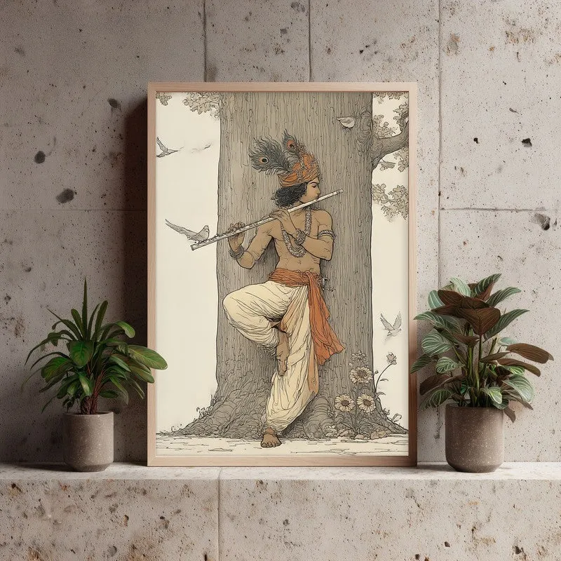 Lord Krishna Playing Fluit Archival Paper Wall Art - Natural Brown Frame media 4