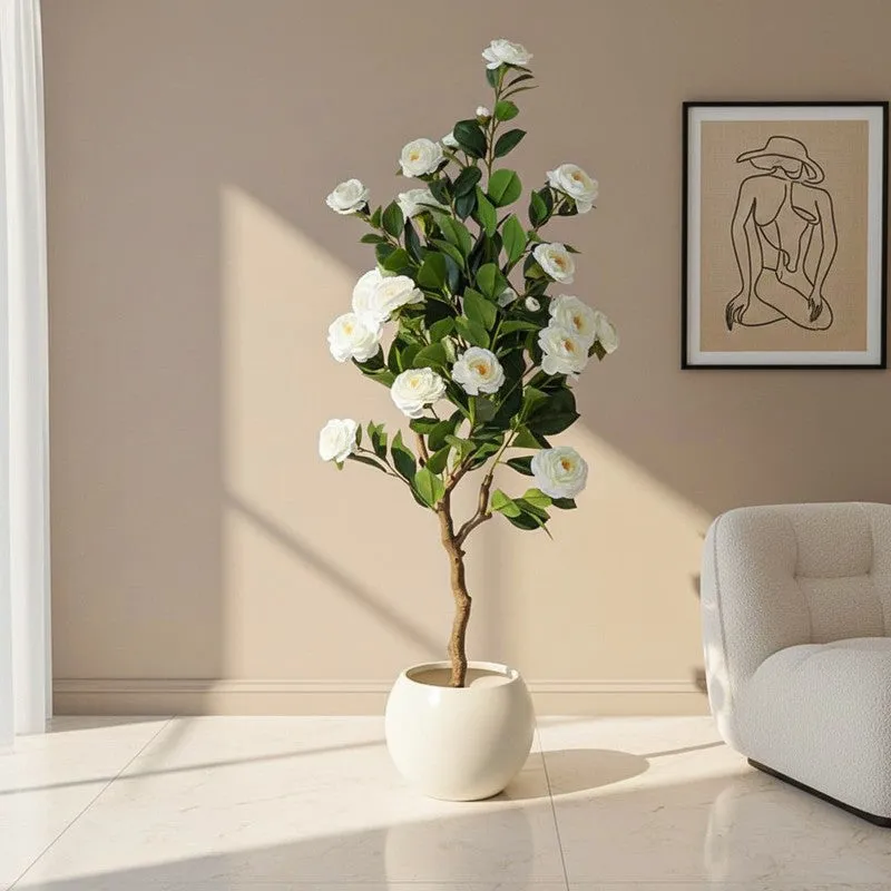 Faux Lush Mini Camellia Plant With Black Plastic Pot - White - 4 Feet media 1