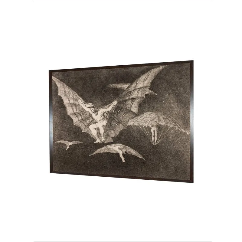 Angled view of a rectangular framed wall painting mounted on a white wall