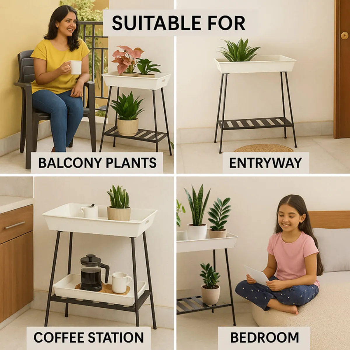 Two-tier planter stand shown on a balcony, entryway, coffee station and bedroom