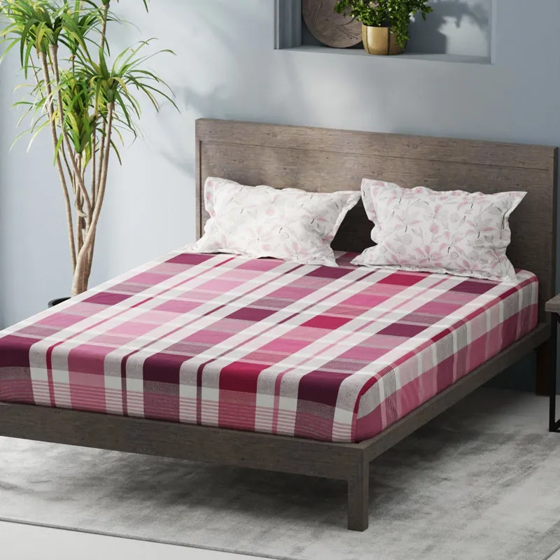 Check Flora Microfiber Microfiber Bedsheet (Maroon, Pink) - 150 GSM media 4