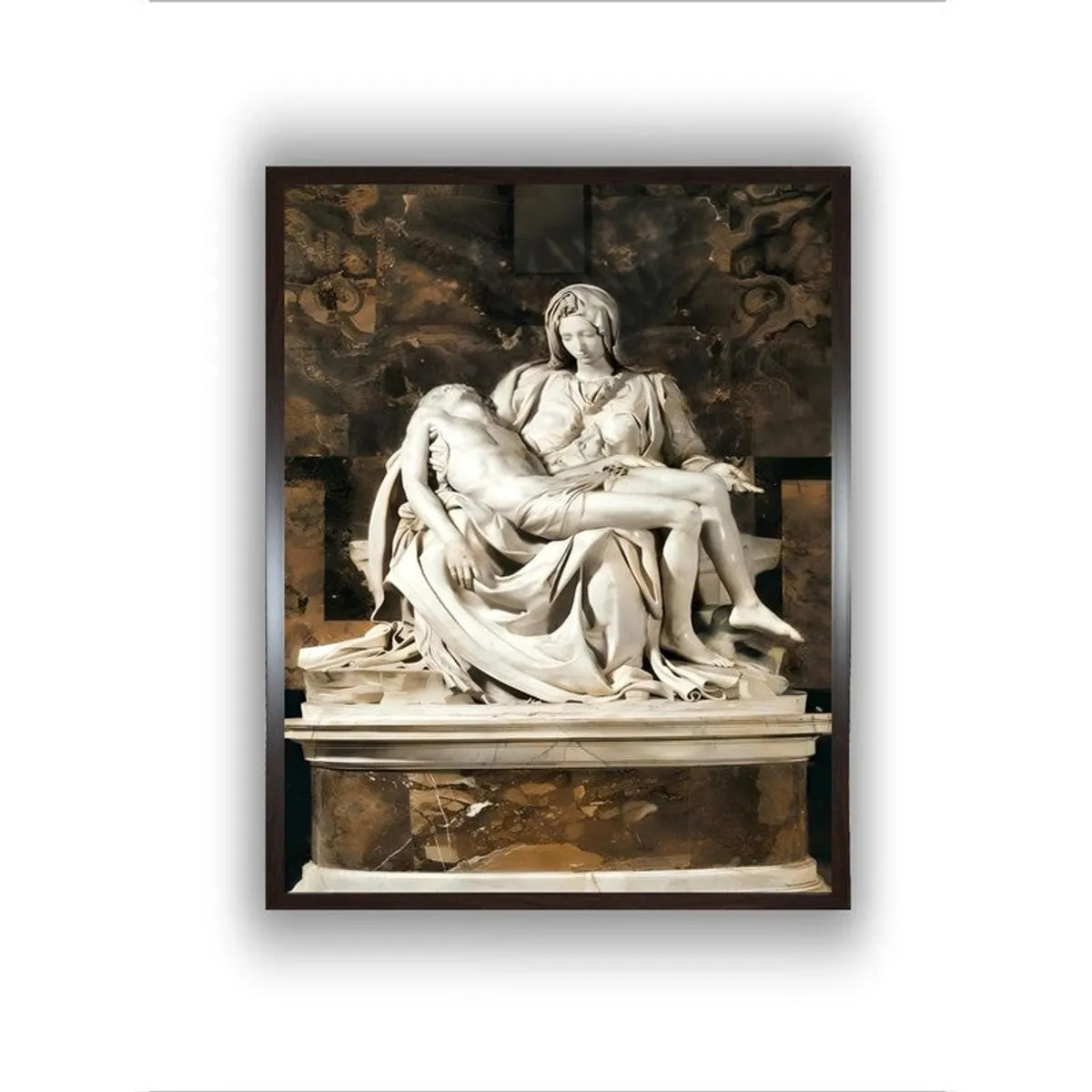 Front view of framed wall art featuring a classical sculpture scene on a white background