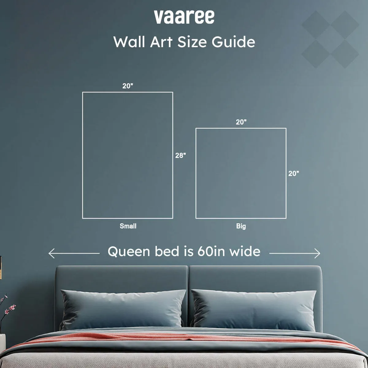 Bedroom wall with illustrated wall art size guide above the bed